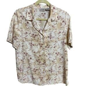 Liz Baker Vintage Button up V-Neck Blouse Floral Pattern Neutral Tones Size 8